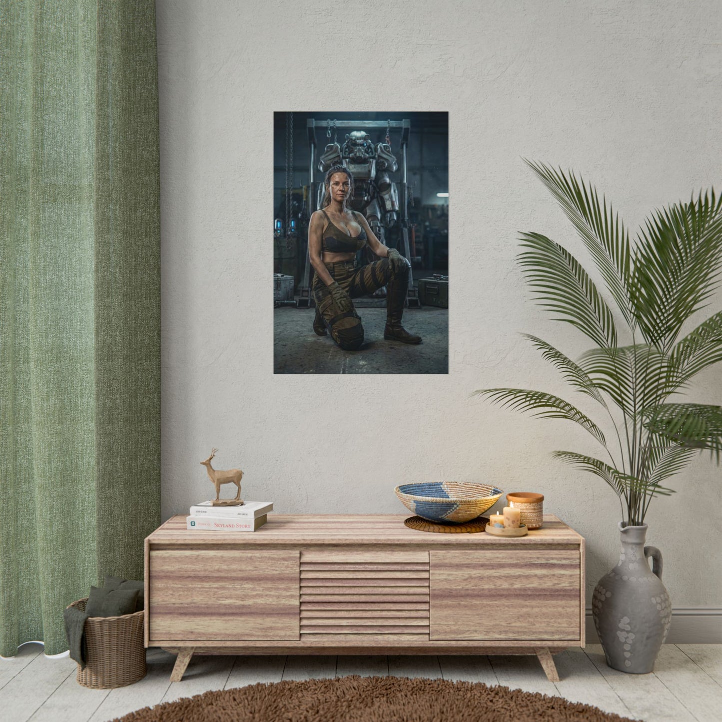 Fallout Survivor Woman Poster / Fallout Survivor Wall Art / Fallout Survivor Art Print / Fallout Poster - realistic hardened wasteland woman kneeling with power armor backdrop