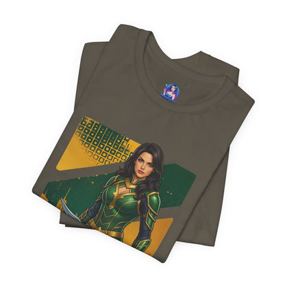 Talia al Ghul T-Shirt | DC Comics Anime Tee for Gamers & Comic Fans — anime-style Talia portrait on olive Bella Canvas tee