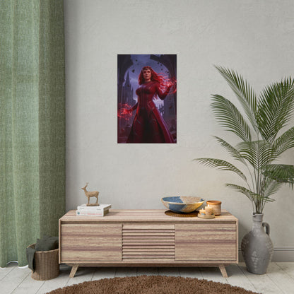 Scarlet Witch Poster, Marvel Art Print – Mystic Superhero Wall Art on living room wall, mystical red energy superhero décor