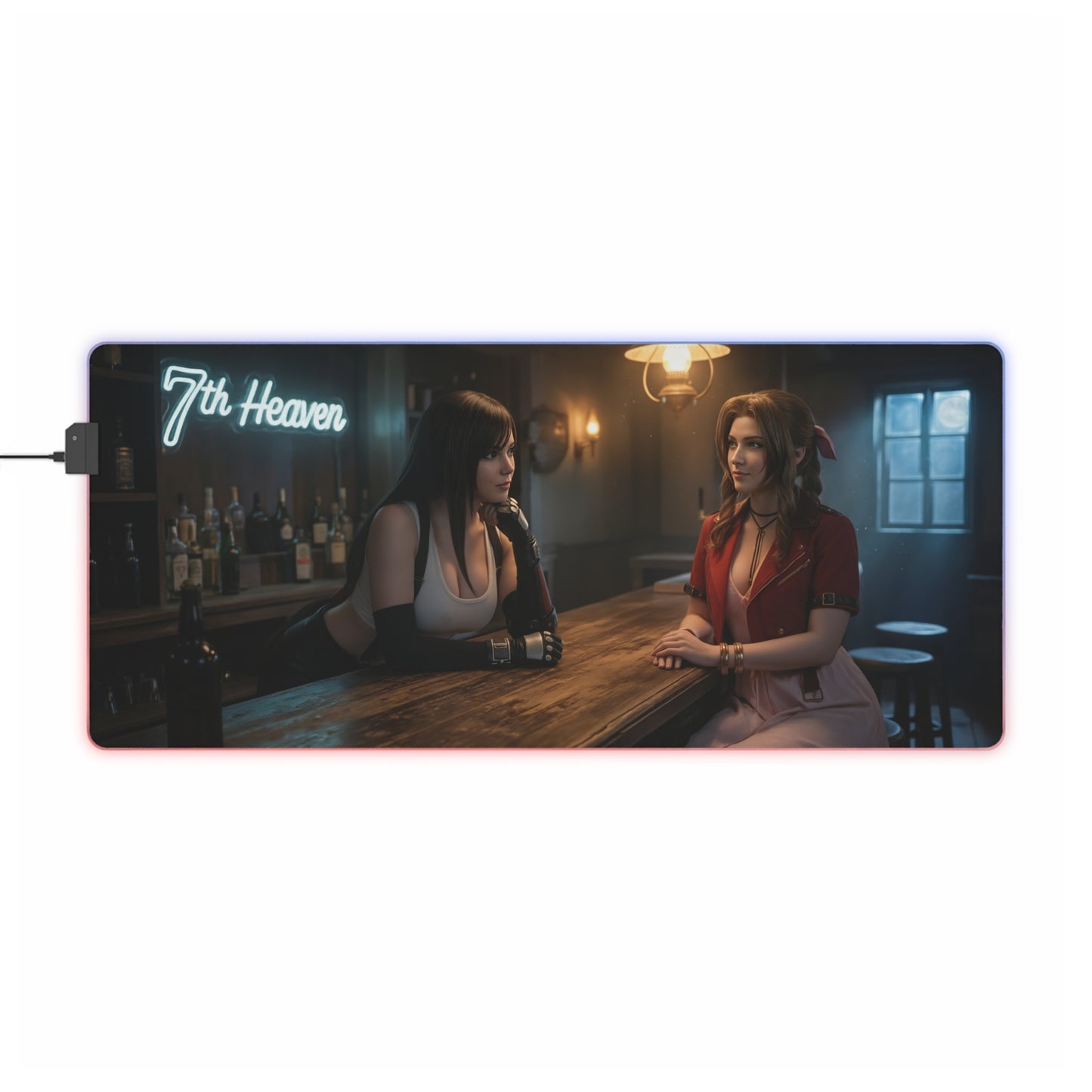 Tifa Lockhart & Aerith Gainsborough Desk Mat – LED RGB Pad featuring Tifa and Aerith at the 7th Heaven bar with glowing RGB border
