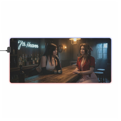 Tifa Lockhart & Aerith Gainsborough Desk Mat – LED RGB Pad featuring Tifa and Aerith at the 7th Heaven bar with glowing RGB border