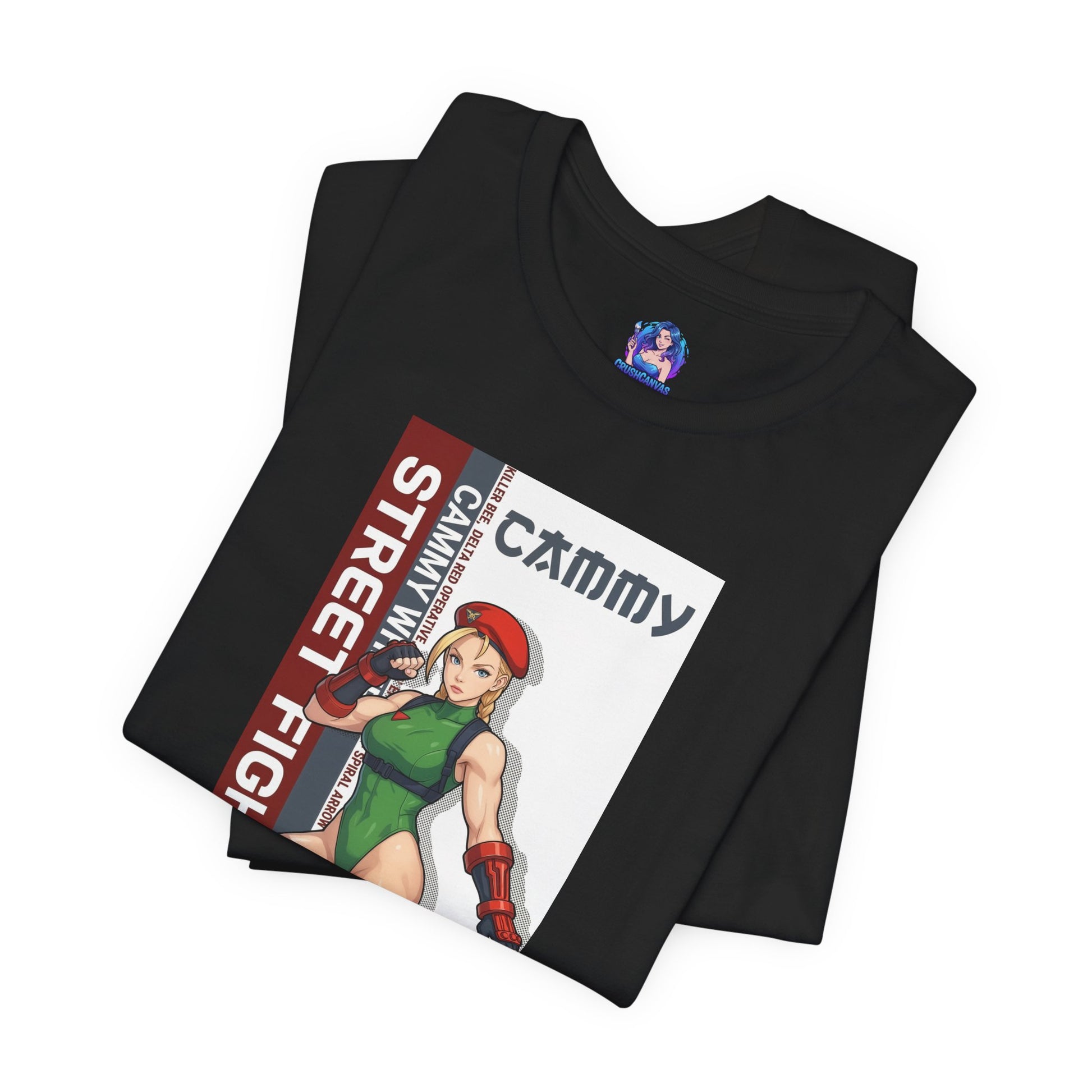 Cammy White T-Shirt | Street Fighter Anime Tee for Gamers & Fighting Game Fans - black Bella Canvas tee with anime-style Cammy illustration