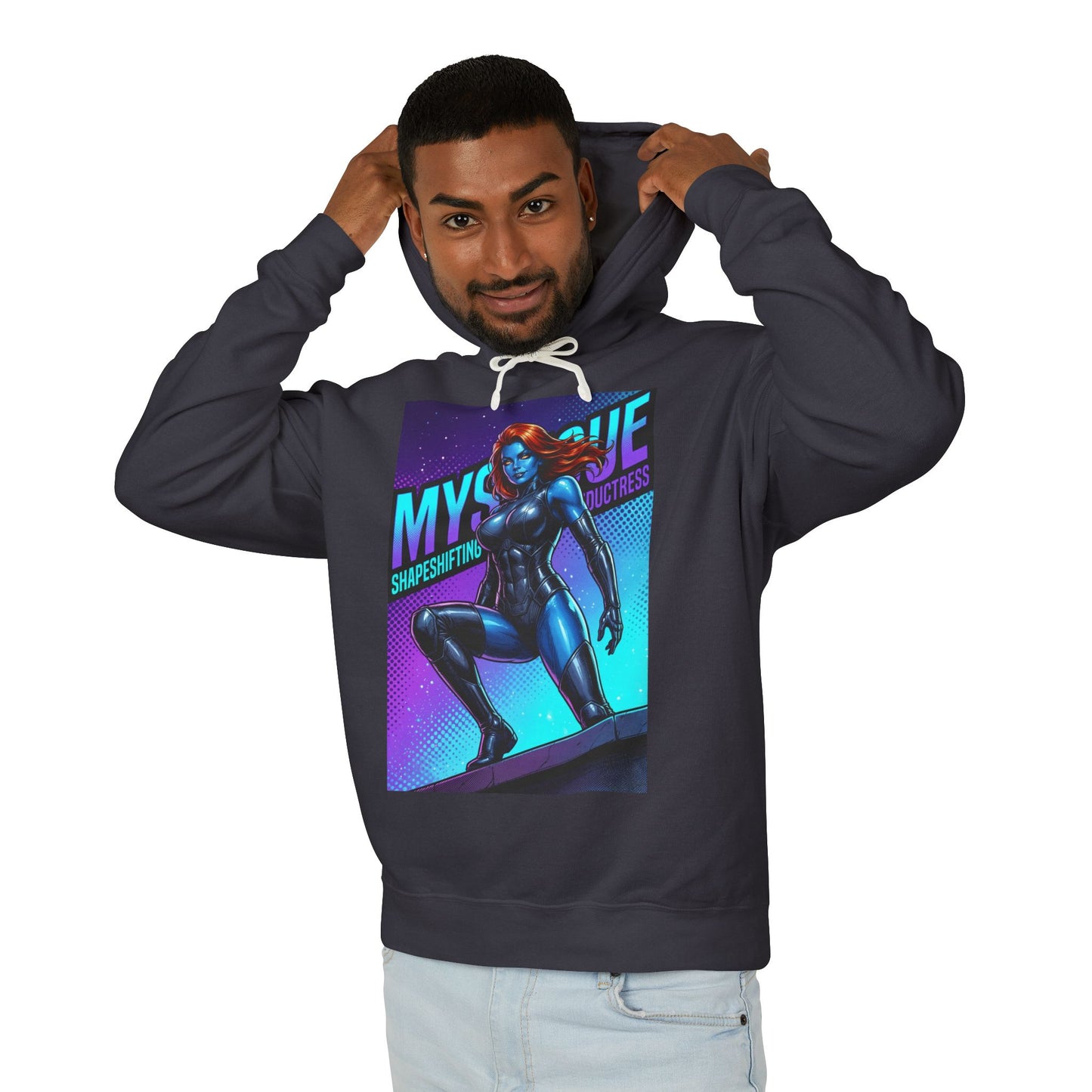 Mystique Hoodie | X-Men Hoodie | Comic Book Villain Pullover - navy streetwear pullover with bold Mystique graphic