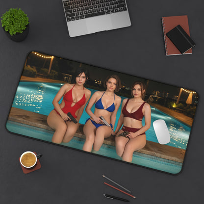 Ada Wong Claire Redfield Jill Valentine Gaming Mouse Pad, Survival Horror Desk Mat featuring three heroines in swimsuits by pool with pistols