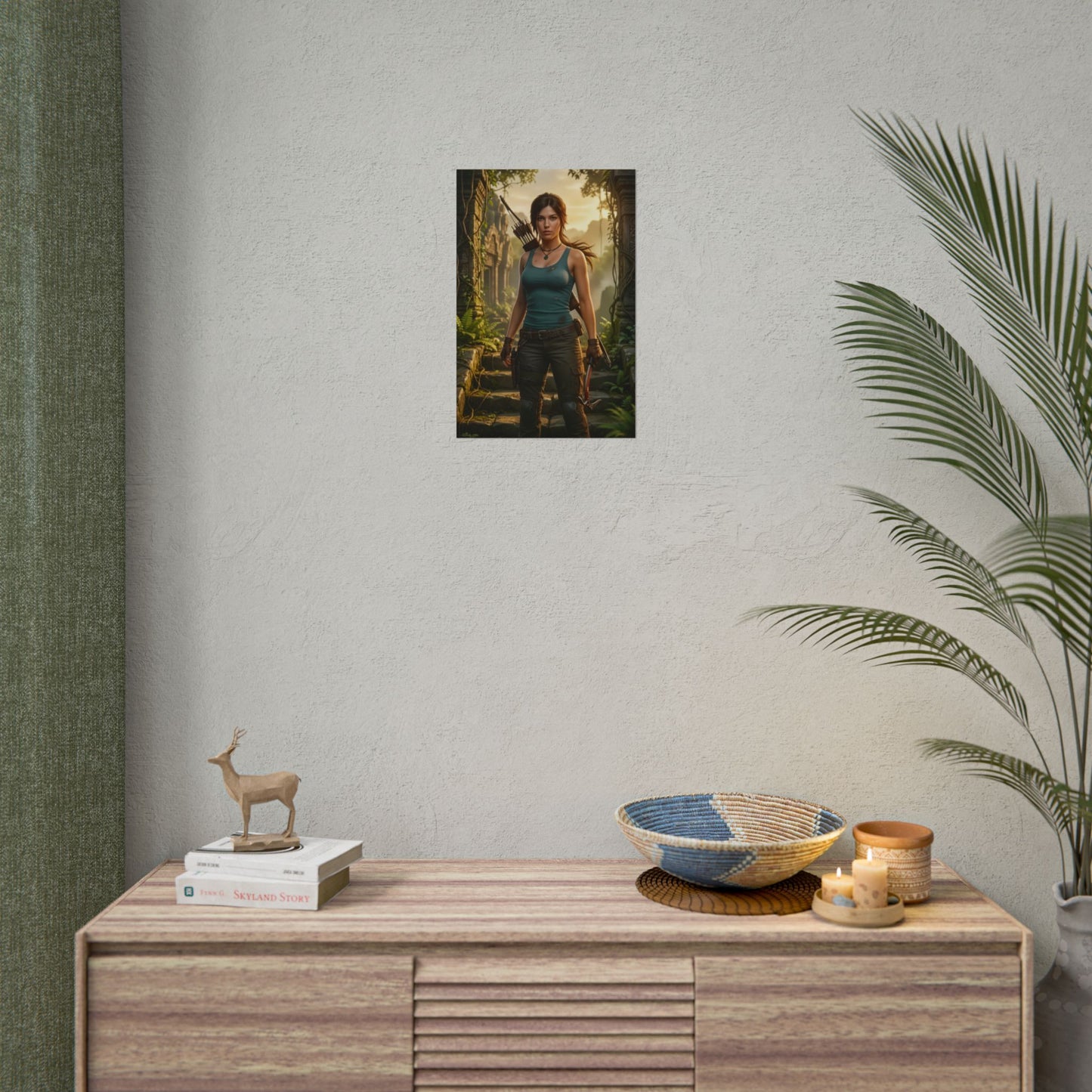 Lara Croft Poster Tomb Raider Wall Art Print Action Adventure Decor featuring Lara with dual pistols in jungle ruin cinematic lighting