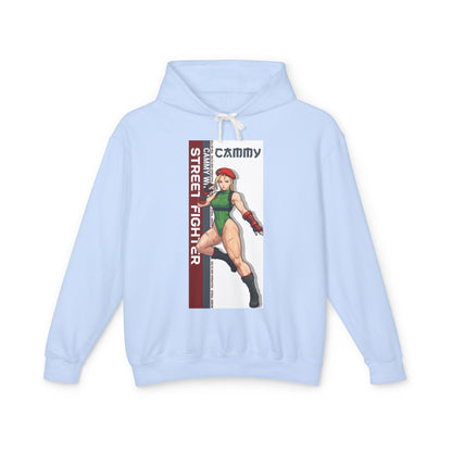 Cammy Hoodie | Street Fighter Hoodie | Anime Fighter Girl Pullover - light blue pullover with bold Cammy anime illustration and vertical text