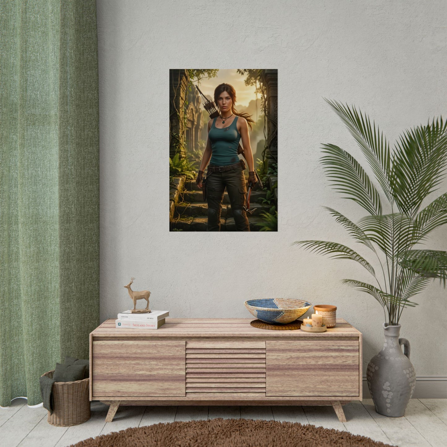 Lara Croft Poster Tomb Raider Wall Art Print Action Adventure Decor featuring Lara in a jungle ruin with dual pistols, cinematic lighting and bold action composition