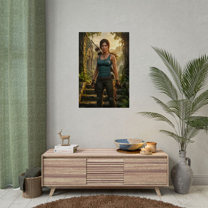 Lara Croft Poster Tomb Raider Wall Art Print Action Adventure Decor featuring Lara in a jungle ruin with dual pistols, cinematic lighting and bold action composition