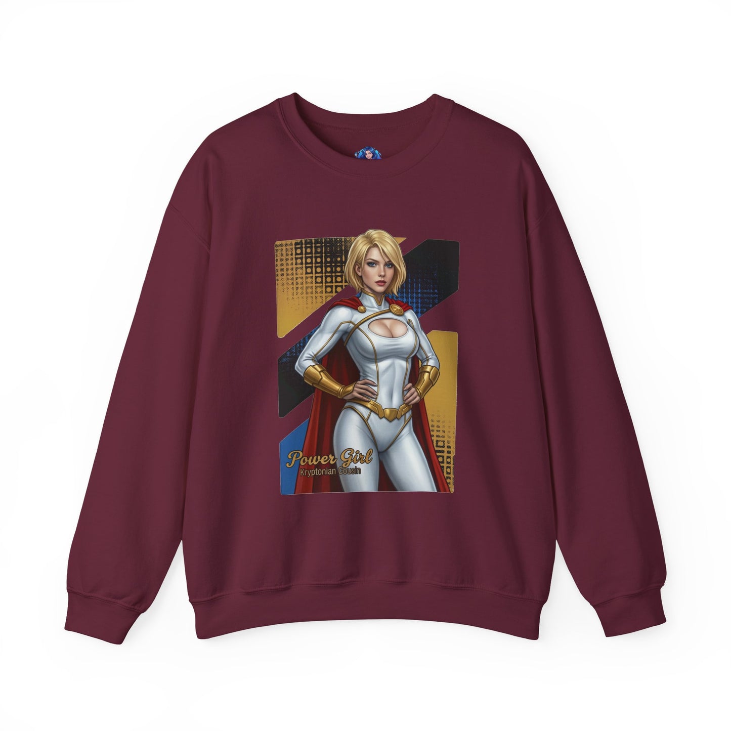 Power Girl Sweatshirt, DC Comics Crewneck, Bold Superhero Apparel for Fans — maroon crewneck with confident Power Girl artwork