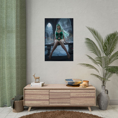 C.C. Poster / C.C. Wall Art / C.C. Art Print / Code Geass Poster - moonlit gothic C.C. seated with flowing green hair and glowing energy accents