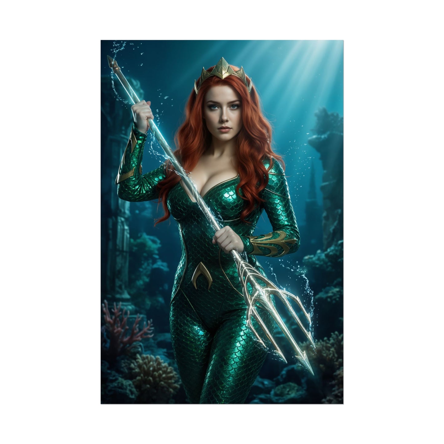 Mera Poster, DC Comics Art Print – Iconic Atlantean Heroine Wall Art showing Mera in green armor holding trident undersea