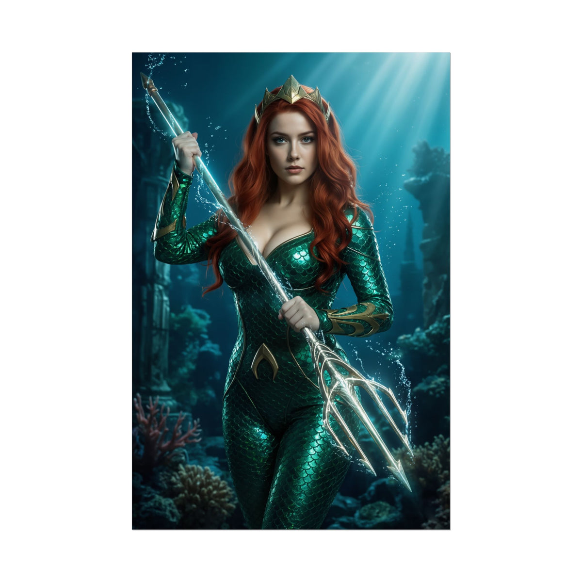 Mera Poster, DC Comics Art Print  Iconic Atlantean Heroine Wall Art showing Mera in green armor holding trident undersea