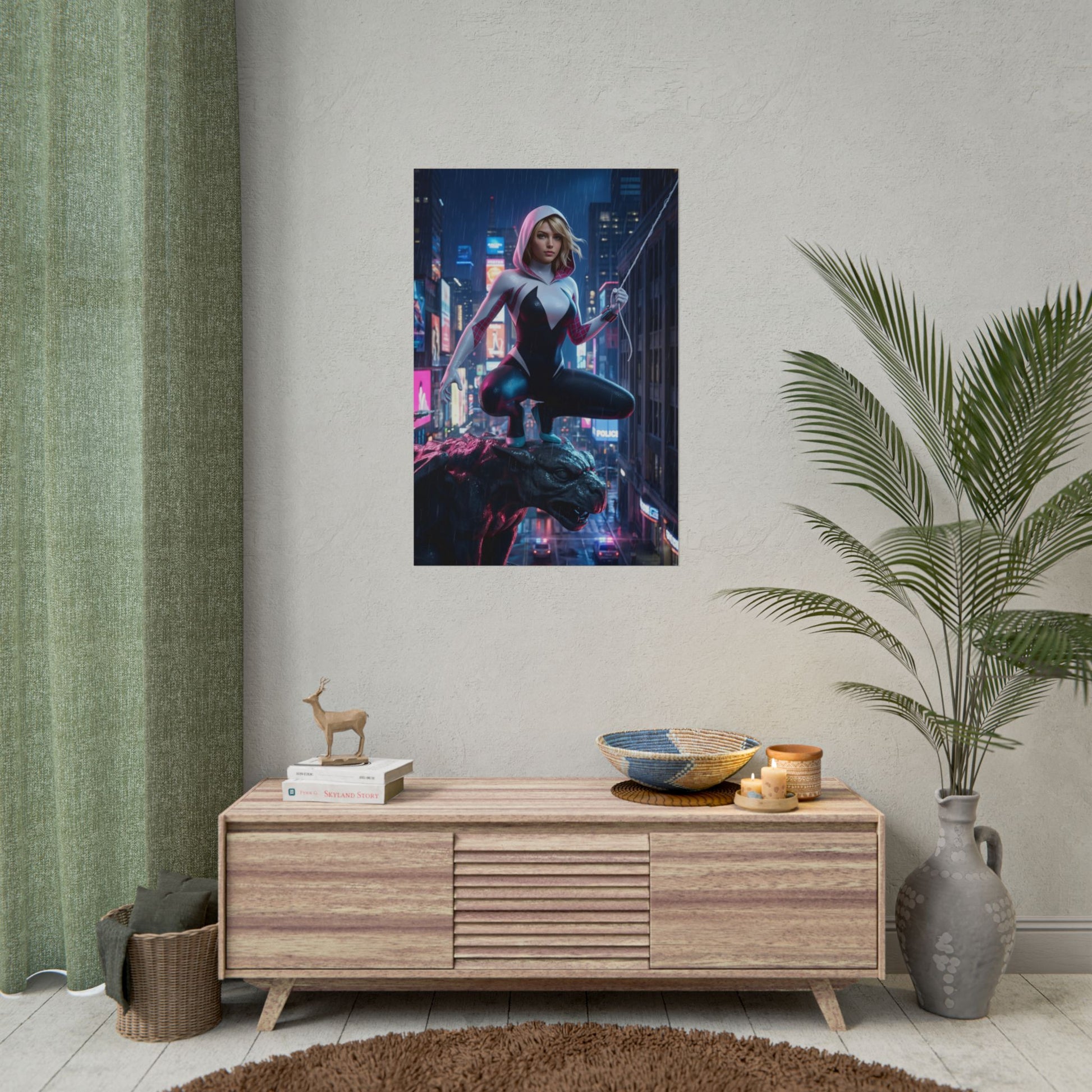 Gwen Stacy Poster, Spider-Verse Art Print, Iconic Superhero Character displayed in a modern living room as dynamic comic-style wall décor