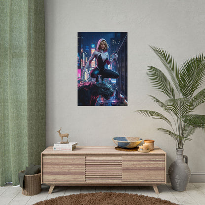 Gwen Stacy Poster, Spider-Verse Art Print, Iconic Superhero Character displayed in a modern living room as dynamic comic-style wall décor