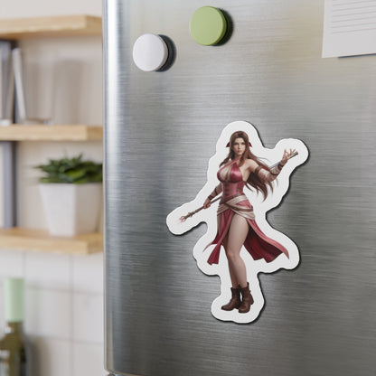 Aerith Magnet – Final Fantasy VII Fridge Magnet, Anime Heroine Decor on stainless steel fridge showing die-cut vinyl anime artwork of Aerith