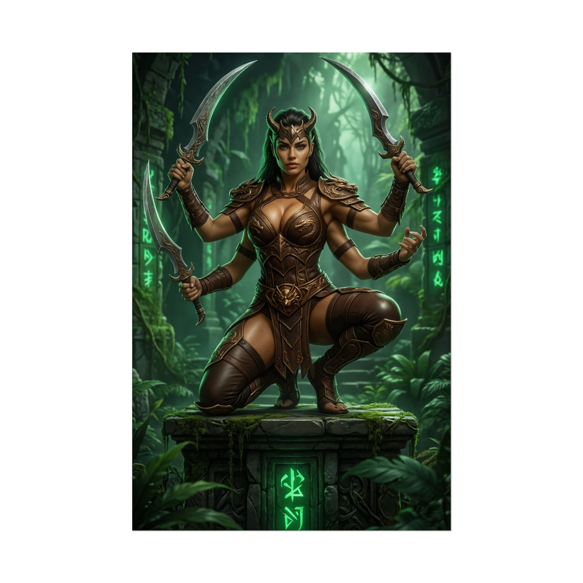 Sheeva Mortal Kombat Poster  Powerful Shokan Warrior Wall Art Decor: fierce four-armed warrior heroine with dual curved blades in jungle temple poster