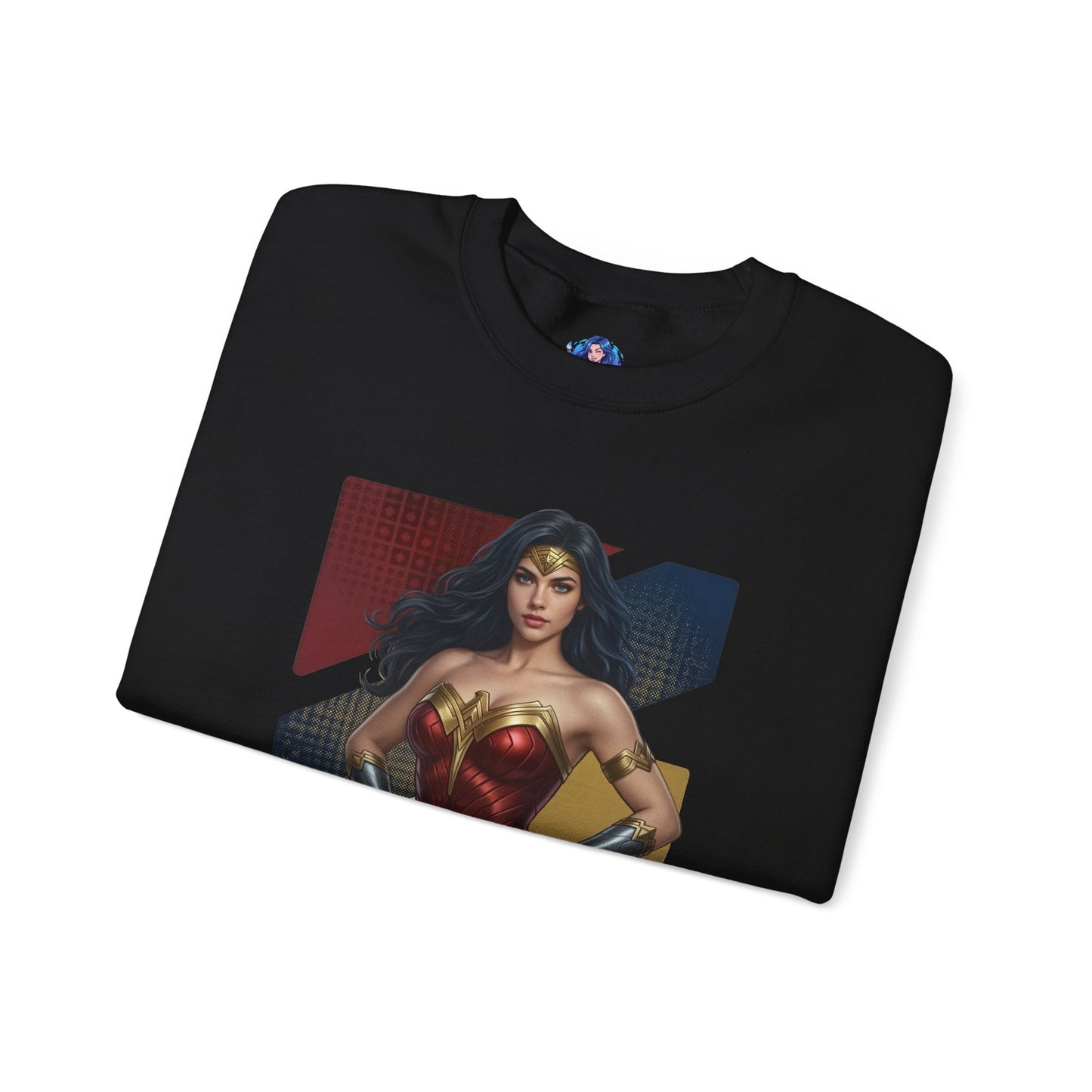 Wonder Woman Sweatshirt, DC Comics Crewneck, Legendary Superhero Apparel for Fans - black crewneck with iconic armor artwork