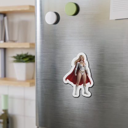 Power Girl Magnet – DC Comic Heroine Fridge Magnet, Anime Style Decor on stainless fridge showing die-cut vinyl magnet of Power Girl with red cape