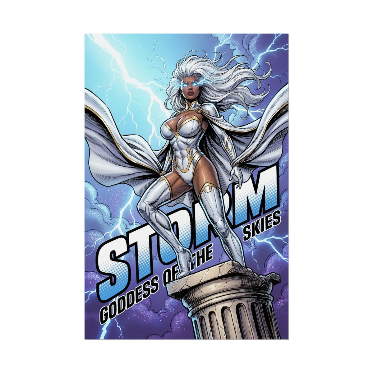 Storm Poster / Storm Wall Art / Storm Art Print / X-Men Poster - dynamic Storm heroine above the world with lightning, elegant powerful superhero wall art