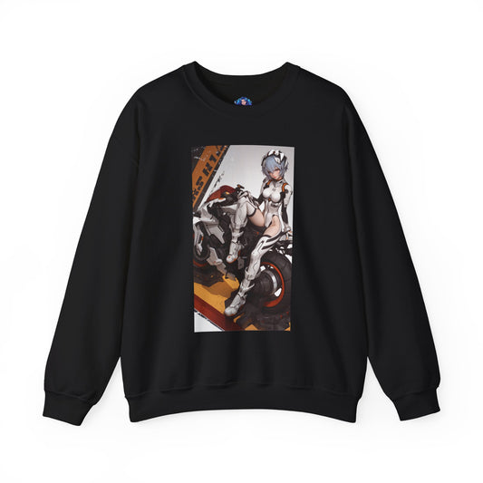 Rei Ayanami Sweatshirt, Evangelion Crewneck, Minimalist Anime Streetwear for Fans - black crewneck with Rei print sitting on motorcycle