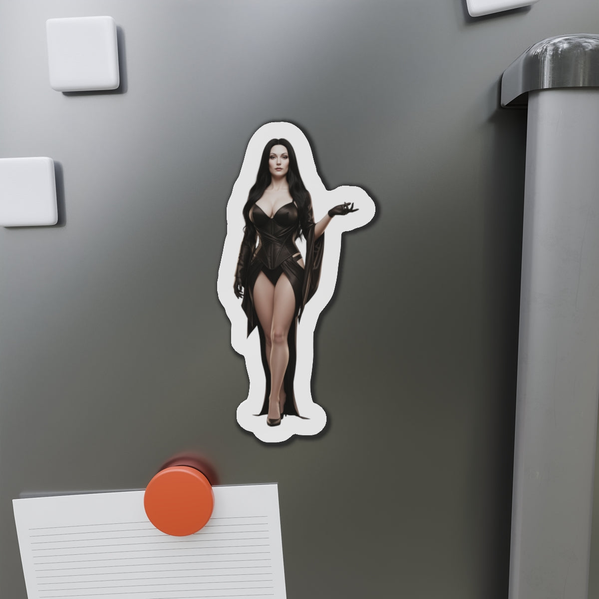 Morticia Addams Magnet – Gothic Icon Fridge Magnet, Anime Style Decor die-cut vinyl magnet on gray fridge showing anime-style Morticia in black gown
