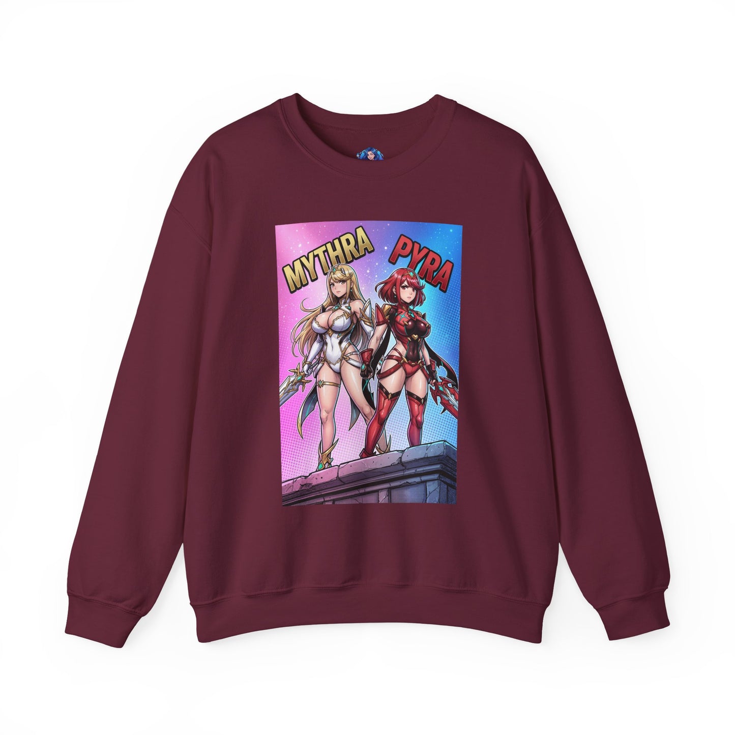 Mythra and Pyra Sweatshirt, Fantasy RPG Crewneck, Anime-Inspired Fan Apparel – maroon crewneck with vibrant Mythra and Pyra illustration