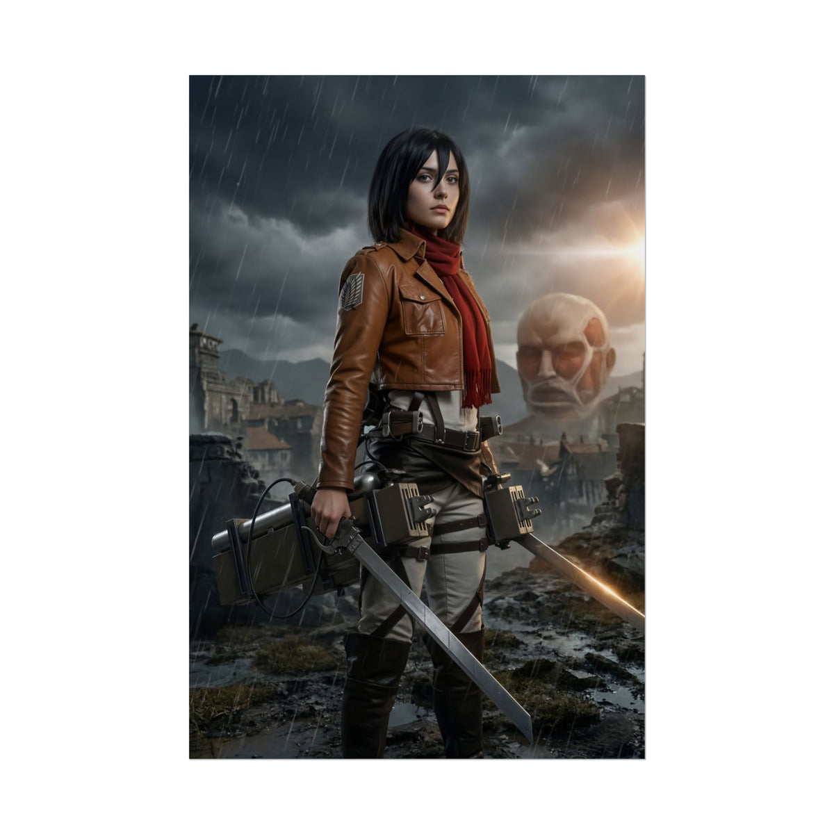Mikasa Ackerman Poster, Attack on Titan Art Print  Iconic Anime Heroine: dramatic Mikasa in Survey Corps gear with blades and Colossal Titan backdrop