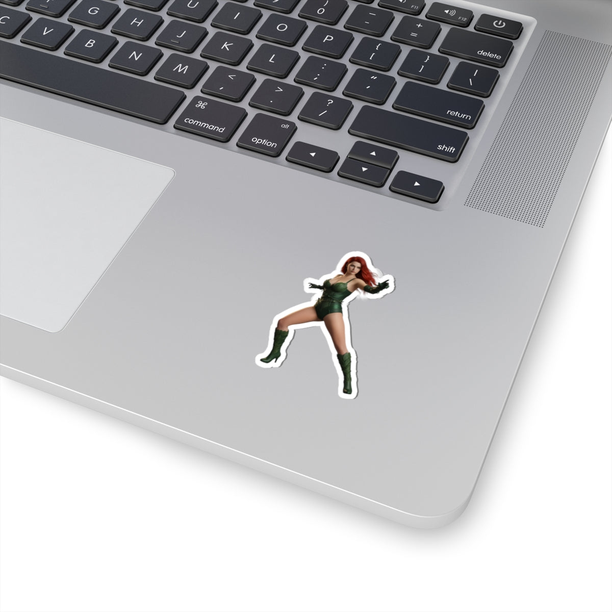 Poison Eve Sticker – Sci-Fi Game Vinyl Sticker for Laptops & Indoor Decor on silver laptop corner, glossy durable vinyl, vibrant sci-fi character artwork