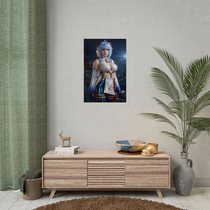 Ganyu Poster, Genshin Impact Art Print – Iconic Cryo Archer Heroine hanging in serene gamer room with plant and wooden console