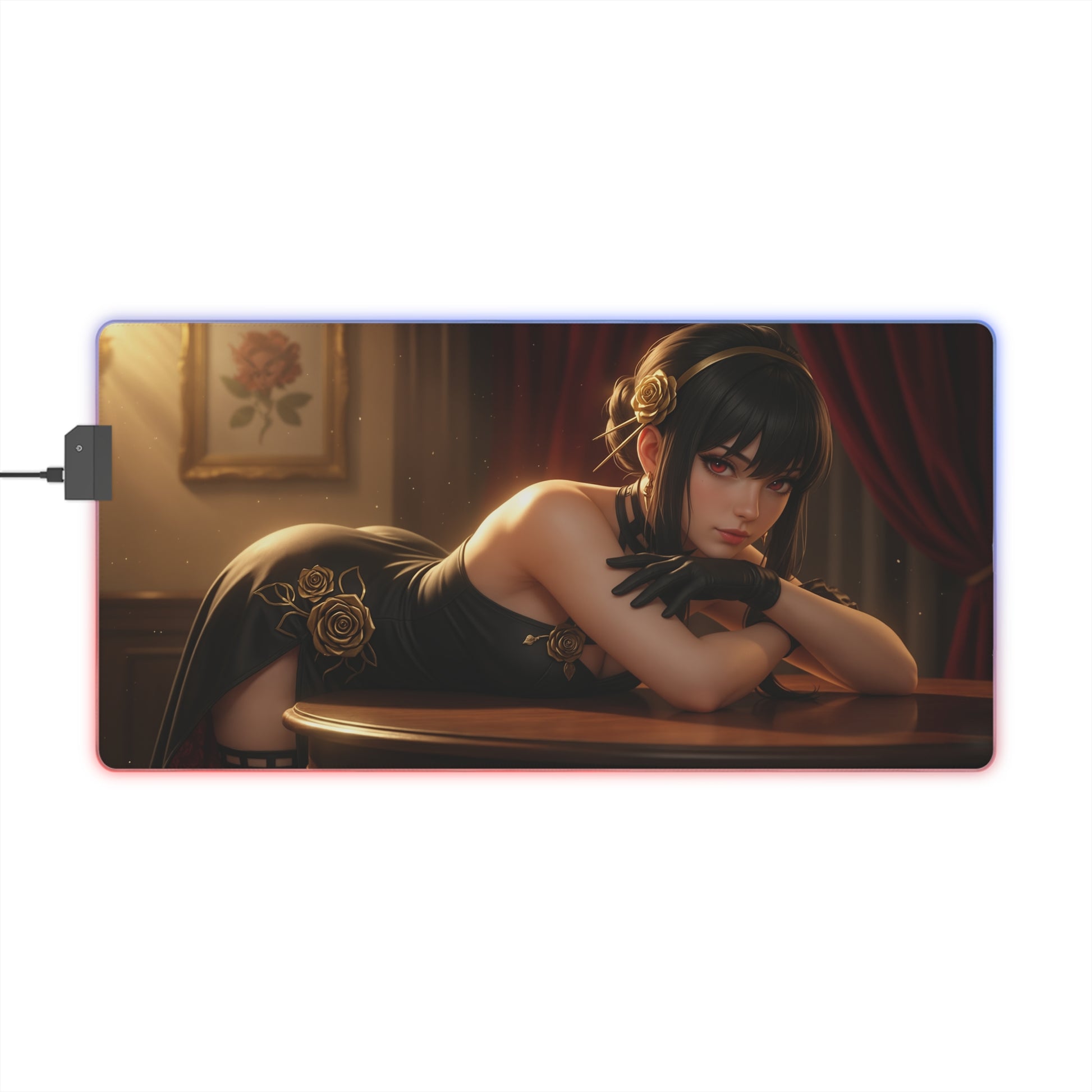 Yor Forger Desk Mat – LED RGB Pad, Waifu Anime Girl Gaming Setup featuring elegant assassin-themed anime girl on illuminated RGB desk mat
