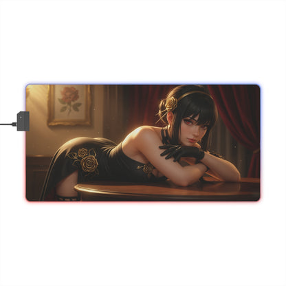 Yor Forger Desk Mat – LED RGB Pad, Waifu Anime Girl Gaming Setup featuring elegant assassin-themed anime girl on illuminated RGB desk mat