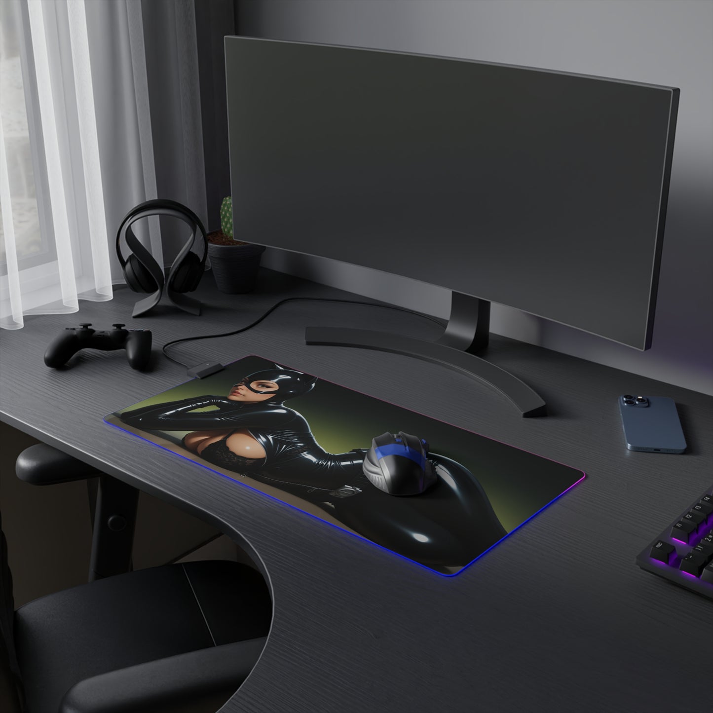 Catwoman-Schreibtischunterlage – LED-RGB-Pad, Waifu-Anime-Girl-Gaming-Setup