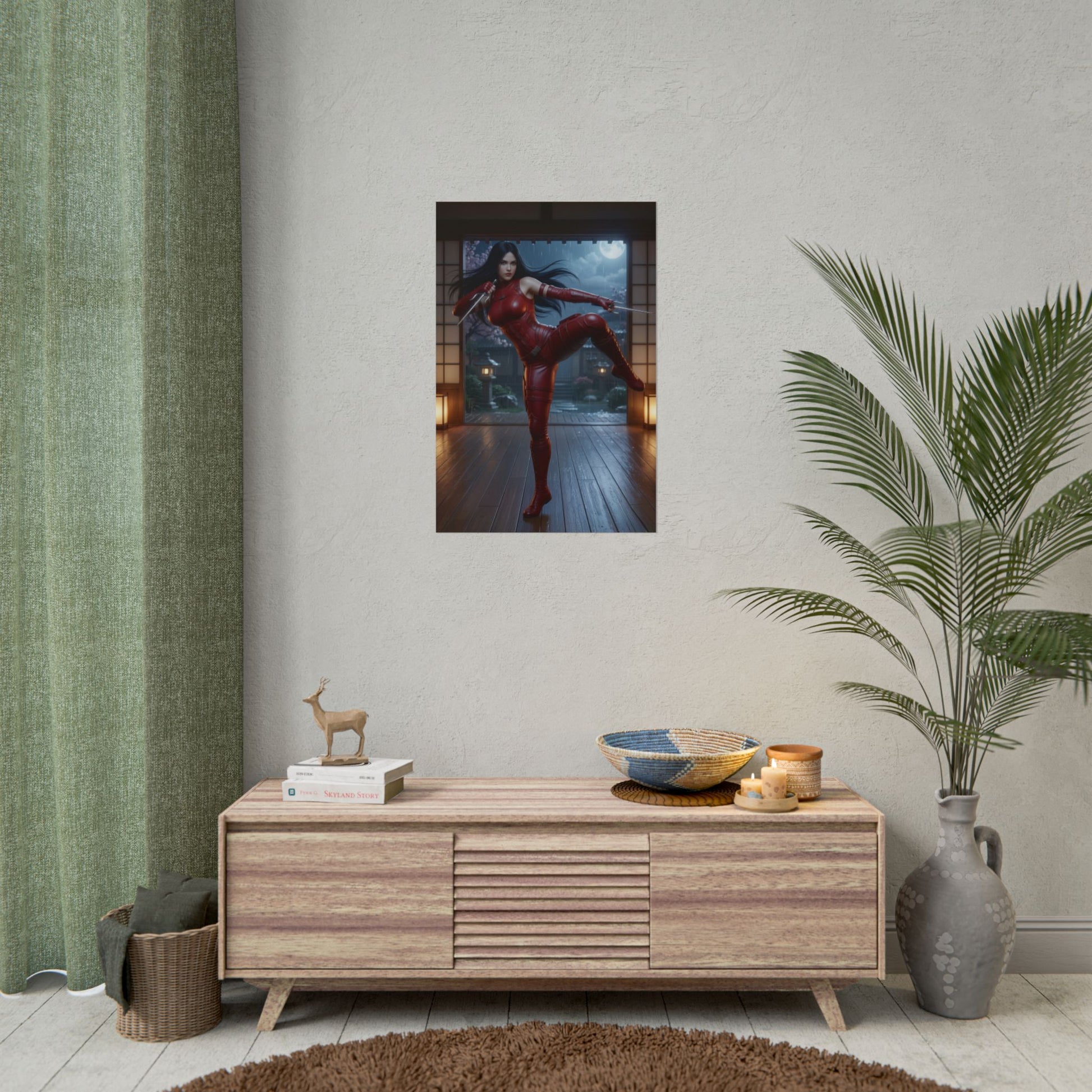 Elektra Poster, Marvel Art Print – Dark Superhero Wall Decor hanging in modern game room with dark comic art and collector display