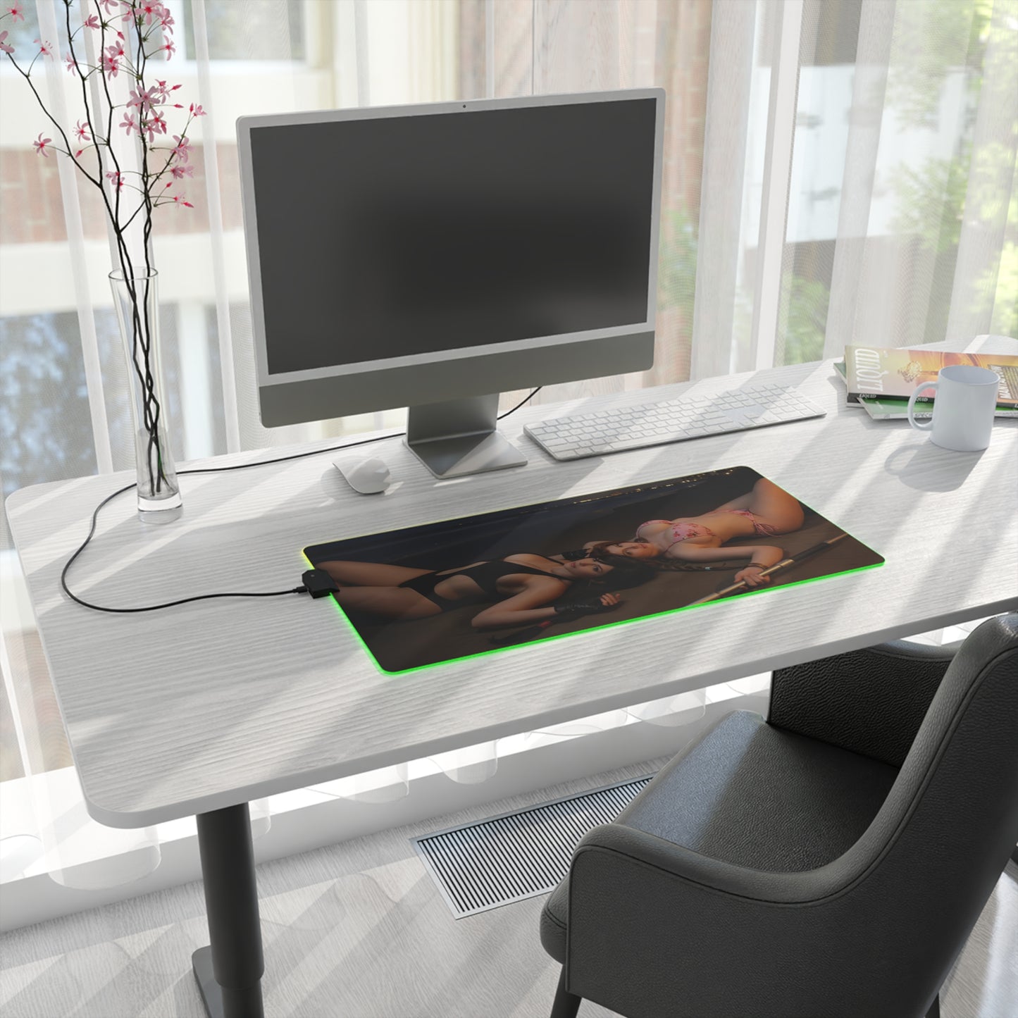 Tifa Lockhart and Aerith Gainsborough Desk Mat – LED RGB Pad on modern white desk with PC setup and green RGB edge