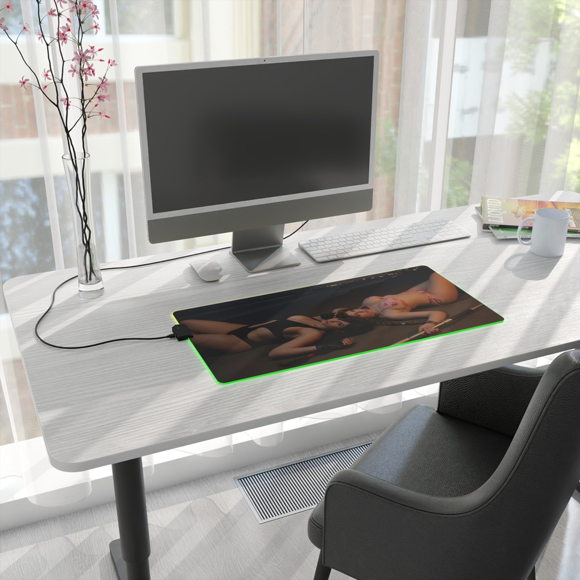 Tifa Lockhart and Aerith Gainsborough Desk Mat – LED RGB Pad on modern white desk with PC setup and green RGB edge