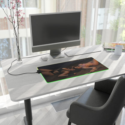 Tifa Lockhart and Aerith Gainsborough Desk Mat – LED RGB Pad on modern white desk with PC setup and green RGB edge