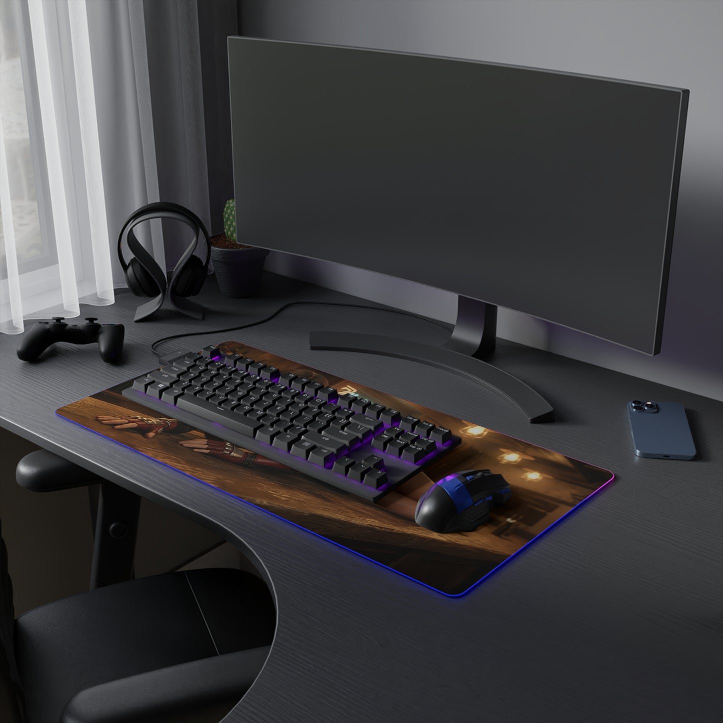Tifa Lockhart Desk Mat – LED RGB Pad, Waifu Fighter Anime Girl Setup on a dark gaming desk with keyboard and mouse