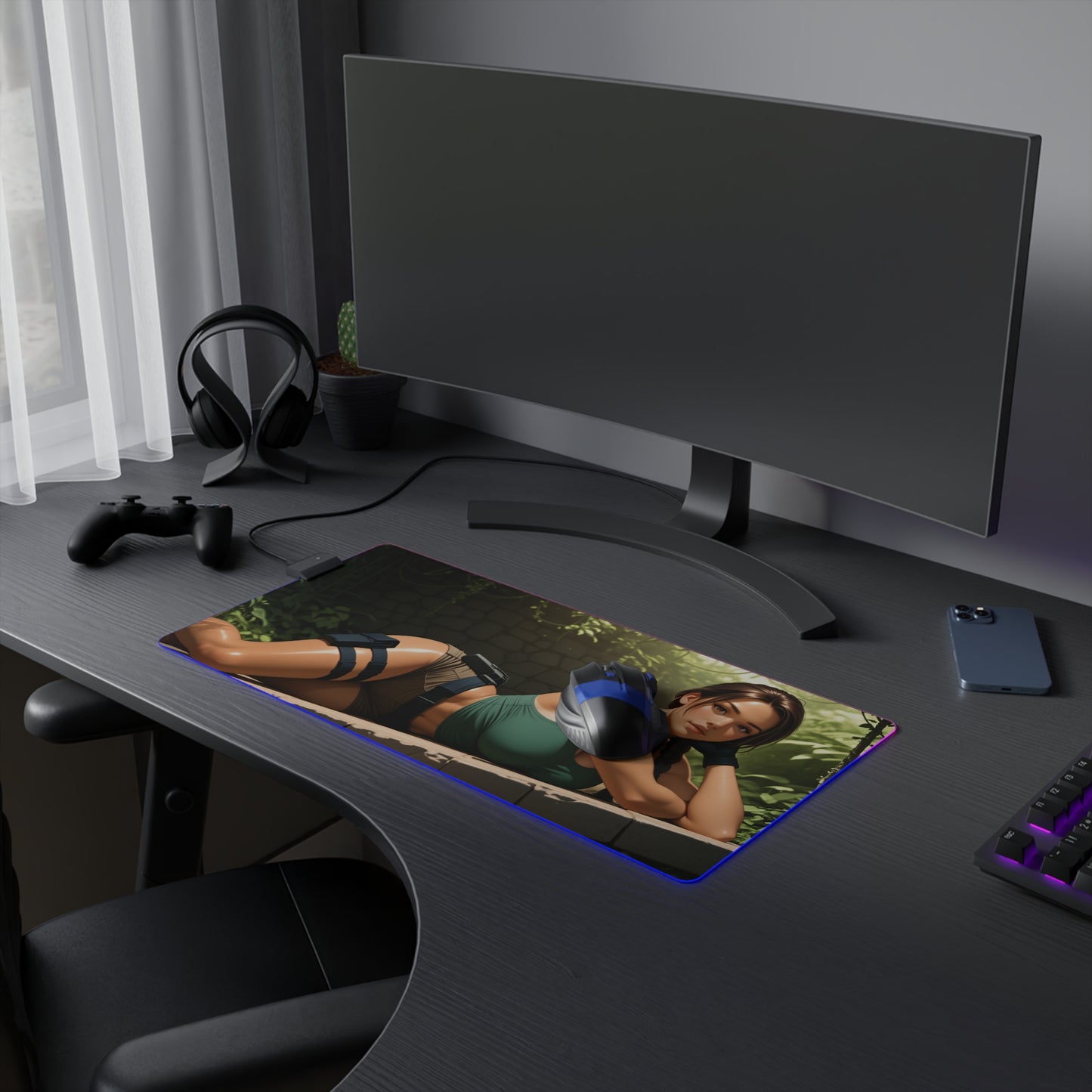 Lara Croft Schreibtischunterlage – LED RGB-Pad, Waifu Anime-Mädchen Gaming-Setup