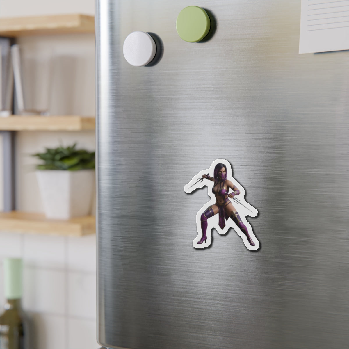 Mileena Magnet – Mortal Kombat Villain Fridge Magnet, Anime Style Decor — die-cut vinyl magnet on stainless fridge showing anime-style Mileena artwork