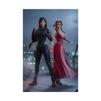 Tifa Aerith Poster, Final Fantasy Wall Art Print – Gaming Decor featuring Tifa in combat suit and Aerith in red dress on rooftop