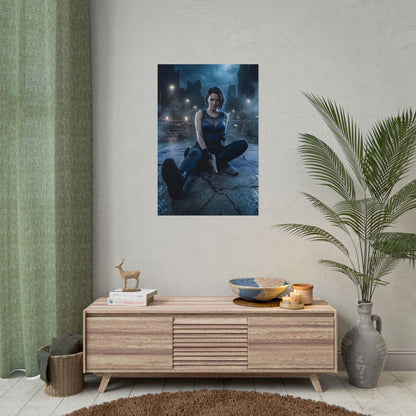 Jill Valentine Poster / Jill Valentine Wall Art / Jill Valentine Art Print / Resident Evil Poster - cinematic rain-soaked Jill Valentine sitting in urban ruin at night