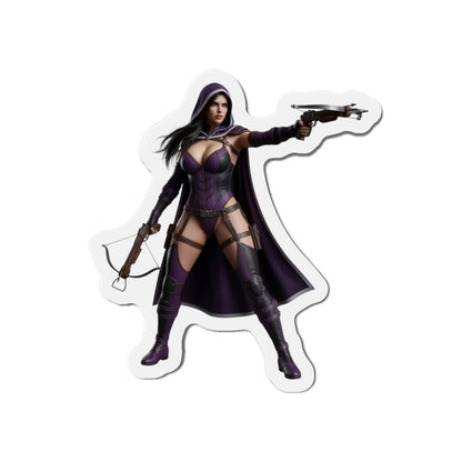 Huntress Magnet – DC Comic Heroine Fridge Magnet, Anime Style Decor: anime-style die-cut vinyl Huntress holding crossbow and pistol on white backing