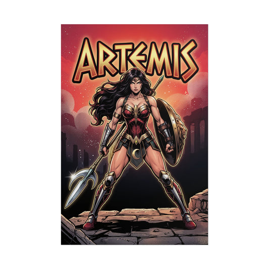 Artemis Poster / Artemis Wall Art / Artemis Art Print / DC Comics Poster — fierce warrior Artemis with shield and spear in powerful heroic pose