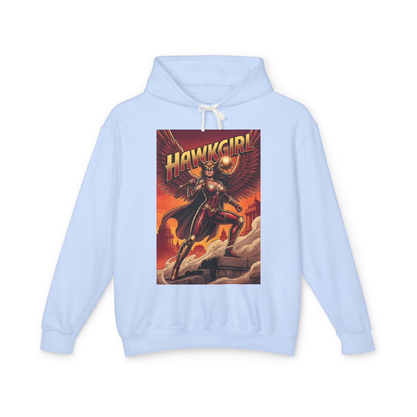 Hawkgirl Hoodie | DC Superhero Hoodie | Winged Warrior Pullover light blue pullover with bold Hawkgirl comic art on front