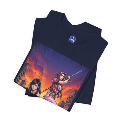 Tifa Lockhart and Aerith Gainsborough T-Shirt | Final Fantasy Duo Anime Tee navy tee with anime illustration of Tifa and Aerith in urban battle scene