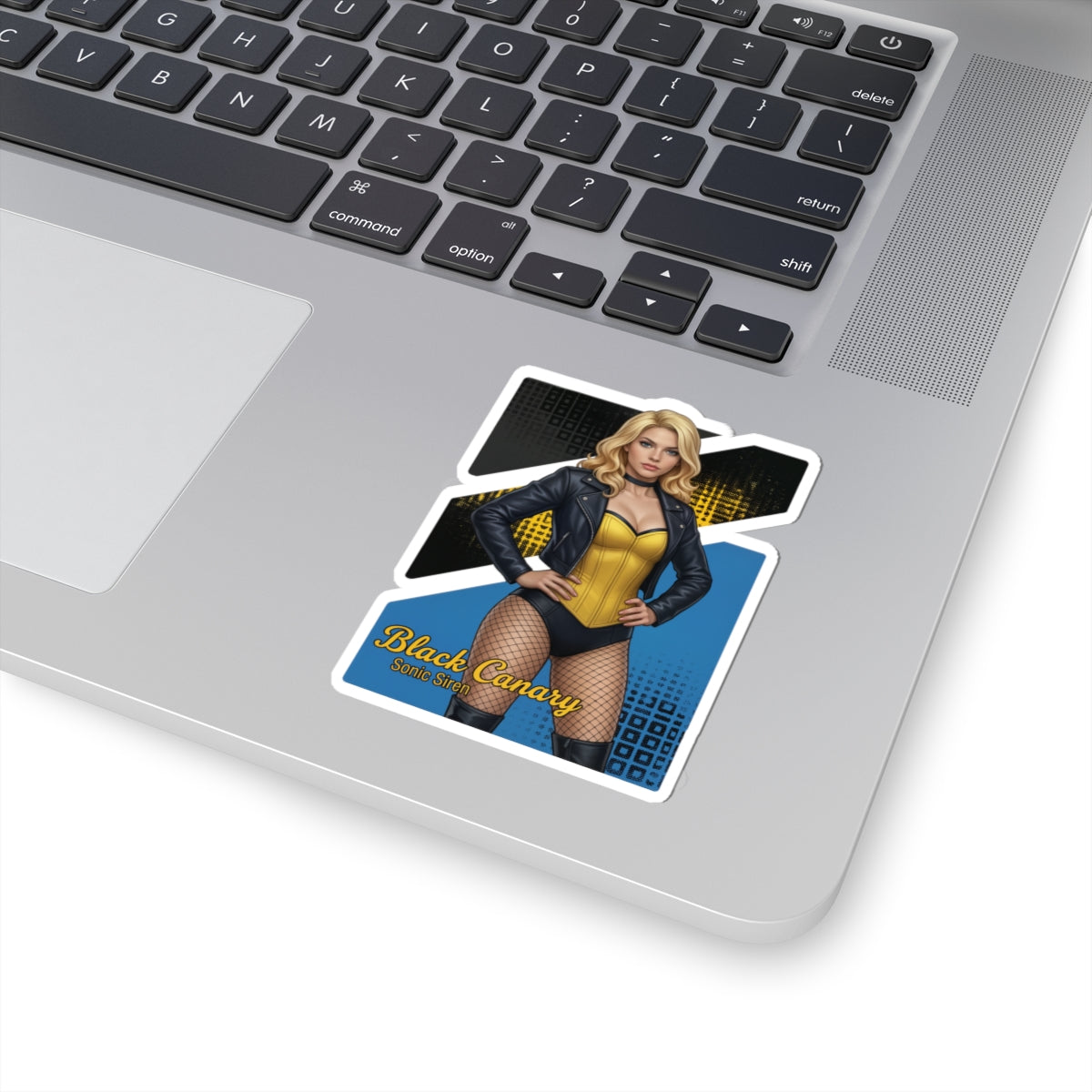 Black Canary Sticker – Comic Heroine Vinyl Sticker for Laptops & Indoor Decor on laptop showcasing glossy, vibrant comic-style character vinyl sticker