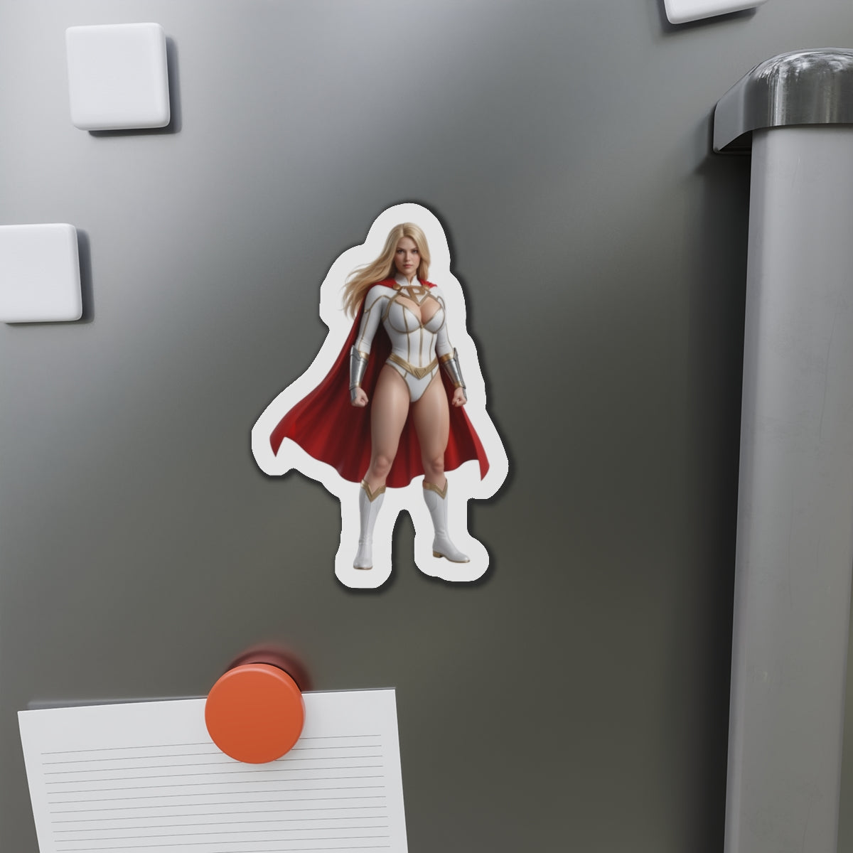 Power Girl Magnet – DC Comic Heroine Fridge Magnet, Anime Style Decor on fridge showing anime-style die-cut vinyl magnet of Power Girl