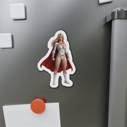 Power Girl Magnet – DC Comic Heroine Fridge Magnet, Anime Style Decor on fridge showing anime-style die-cut vinyl magnet of Power Girl