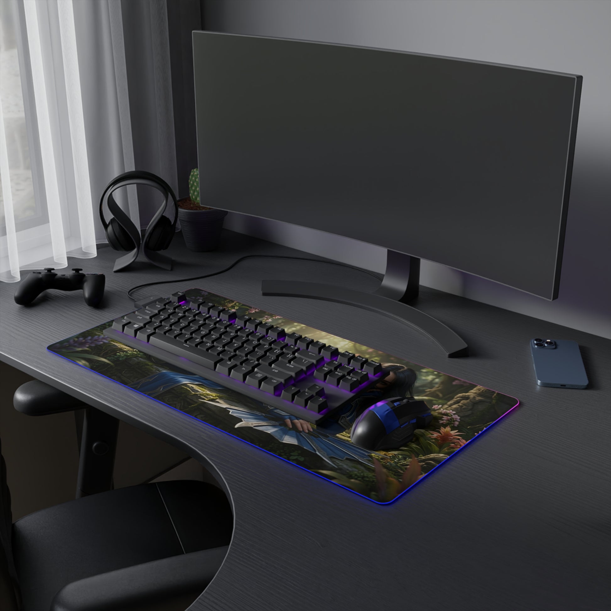 Kitana Desk Mat – LED RGB Pad, Waifu Fighter Anime Girl Setup on curved monitor gaming desk with keyboard, mouse and RGB edge lighting