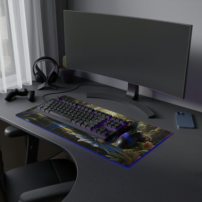 Kitana Desk Mat – LED RGB Pad, Waifu Fighter Anime Girl Setup on curved monitor gaming desk with keyboard, mouse and RGB edge lighting